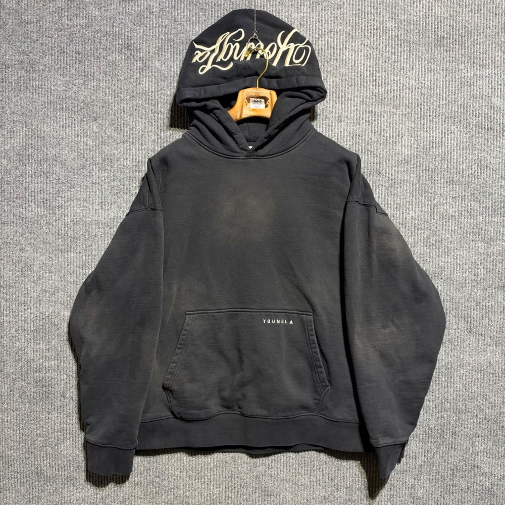 YoungLA Hoodie Mens XL Black Washed Embroidered Hood Logo Boxy Streetwear Gym